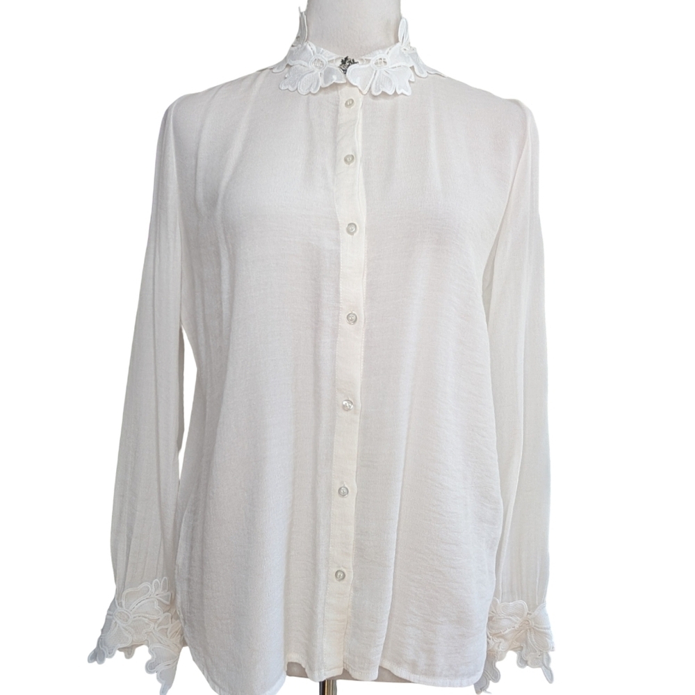 Maje Cassi Blanc Lace Collar Voile Blouse Size 1 Small